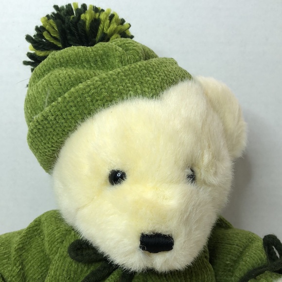 DanDee Cream Teddy Bear in Green Chenille Jacket and Hat - Picture 2 of 5